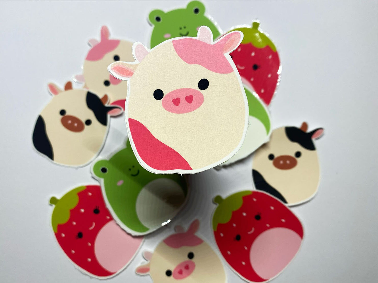 Squish Mallows Stuffed Animals (Cow, pink cow, frog, strawberry) Stickers :2 inches