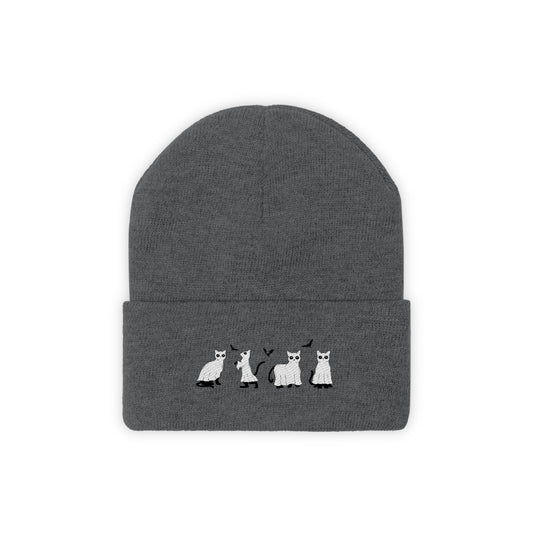 Halloween Ghost Cats Embroidered Knit Beanie