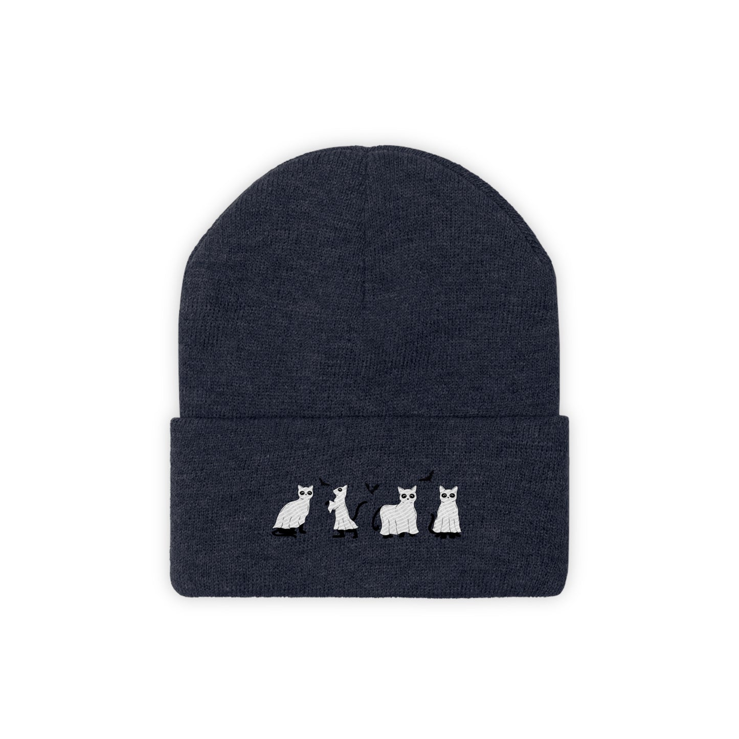 Halloween Ghost Cats Embroidered Knit Beanie