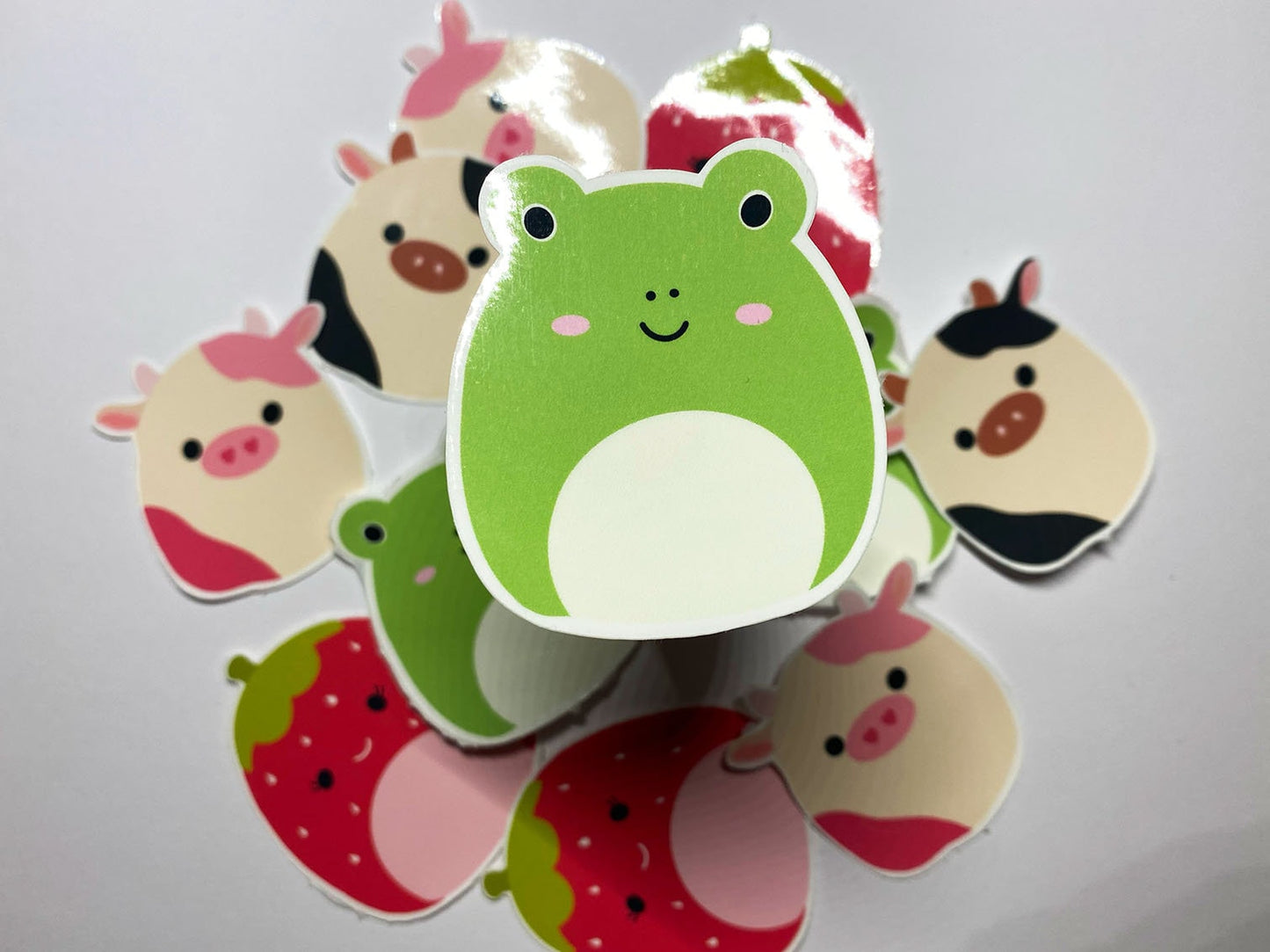 Squish Mallows Stuffed Animals (Cow, pink cow, frog, strawberry) Stickers :2 inches