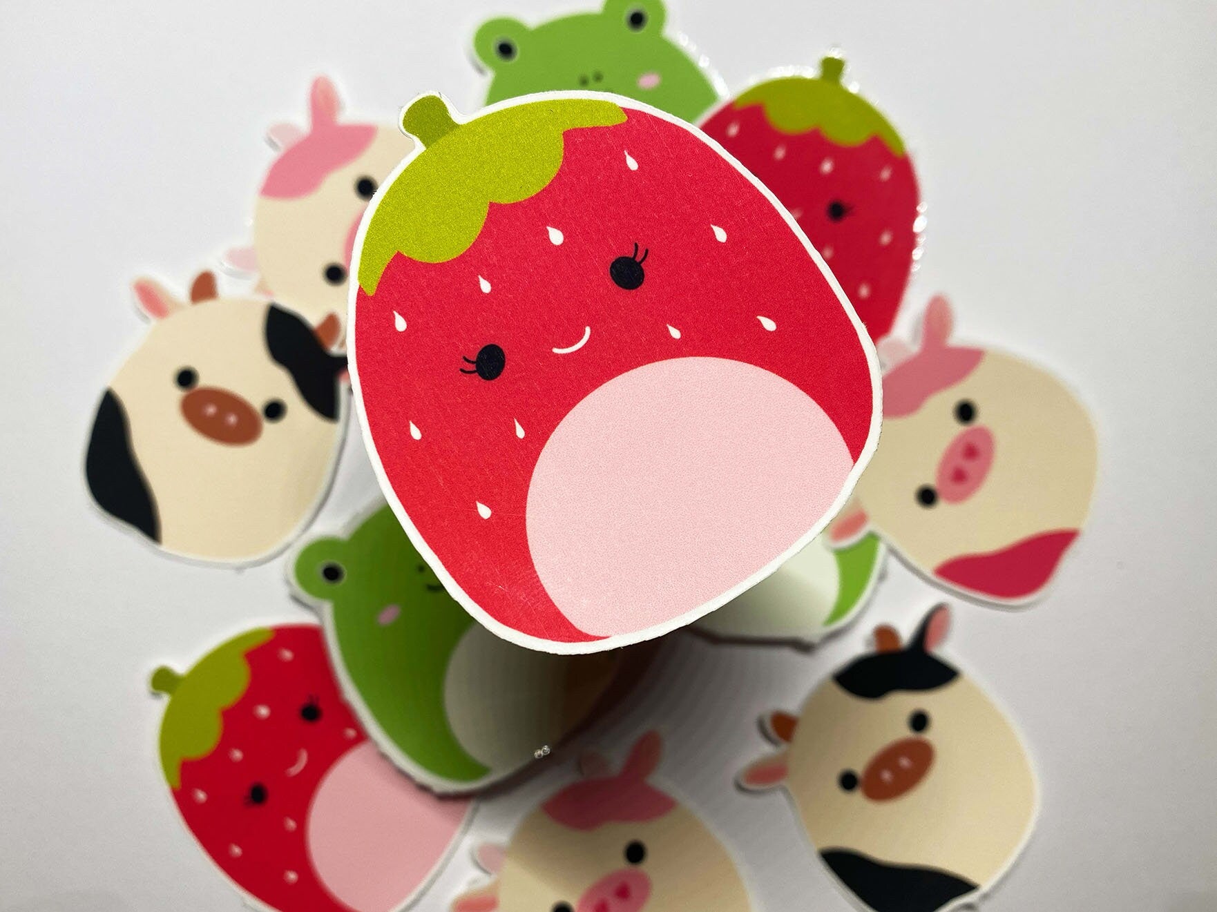 Squish Mallows Stuffed Animals (Cow, pink cow, frog, strawberry) Stickers :2 inches